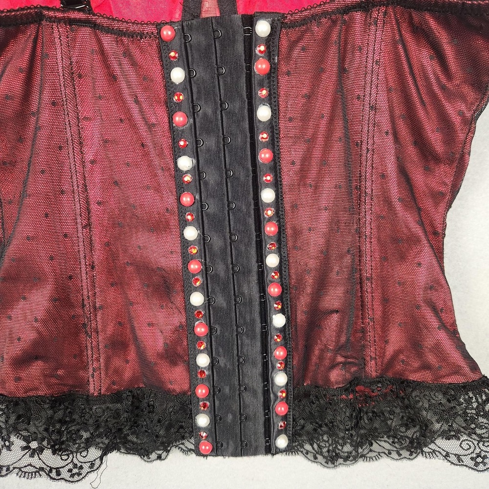 Affinitas Intimates Bustier Corset Top Womens 32C Red Black Lace Rhinestone - Picture 10 of 16